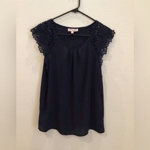 Philosophy Navy Blue Lace Short Sleeve Blouse